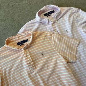 Lot Of 2 Ralph Lauren Mens Striped Polo Shirt Peach Pink Size XL Knit Oxford